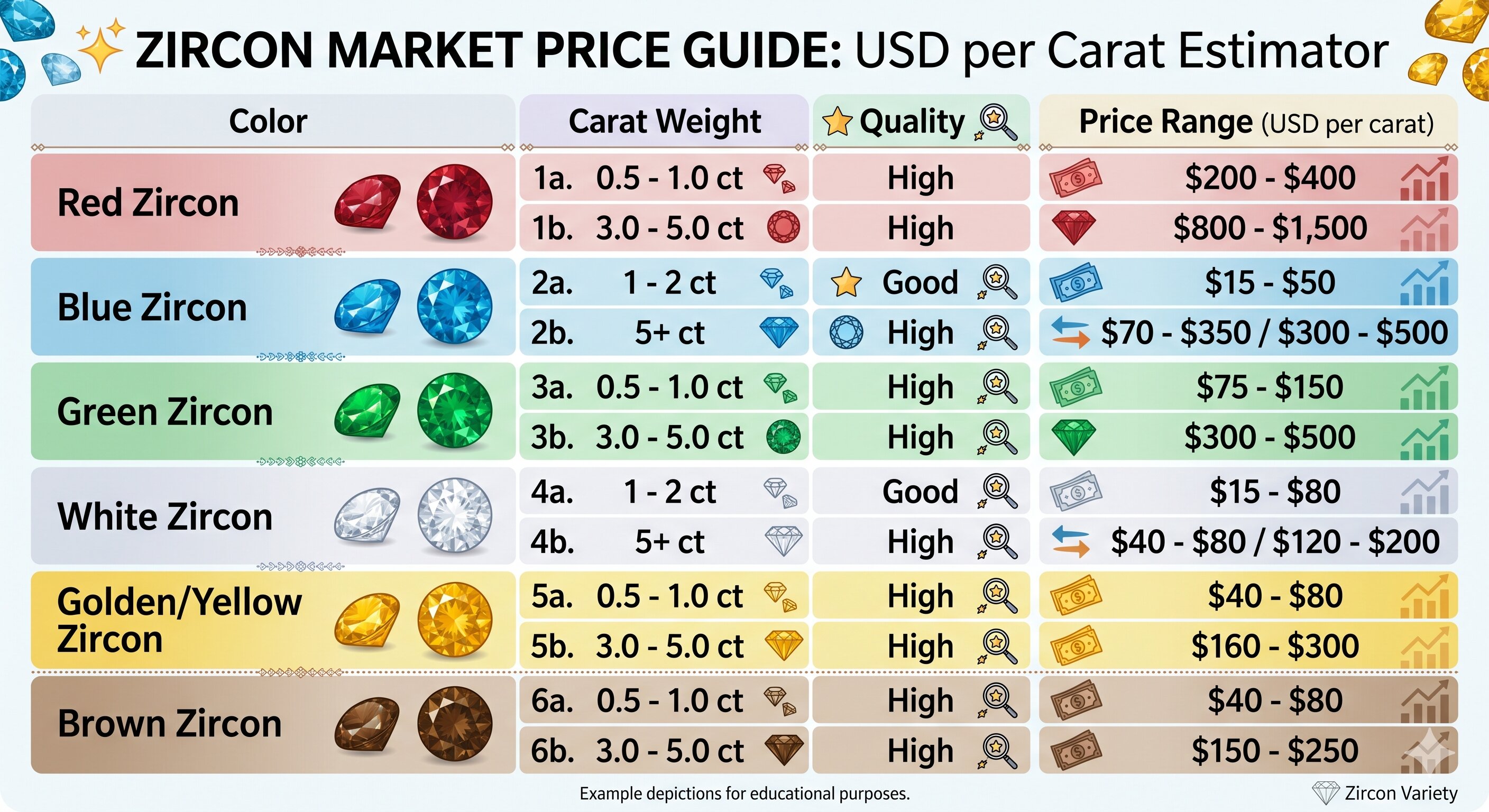 Zircon Price Ranges by Color